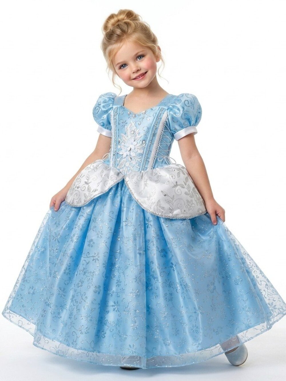 Girls Cinderella Princess Costume Dress Blue Silver Satin Organza Birthday Party